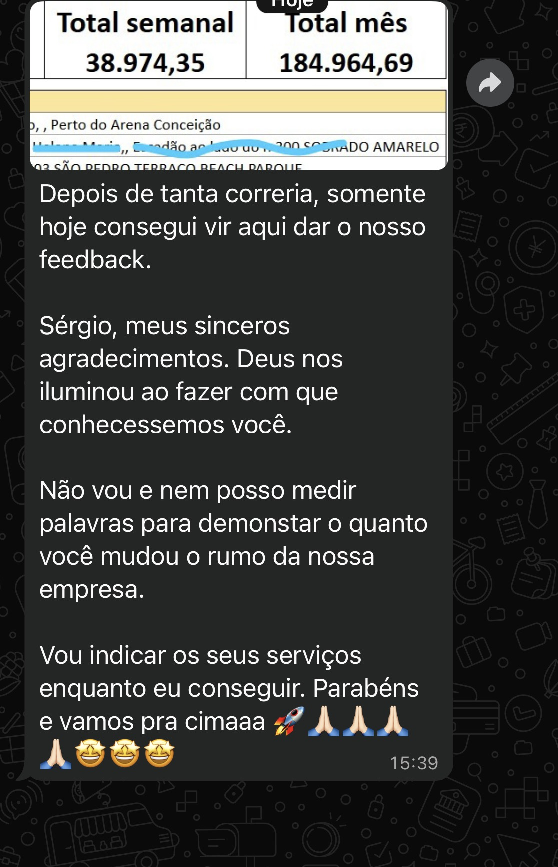 Print de cliente agradecendo pelos resultados, com faturamento mensal de R$ 184.964,69